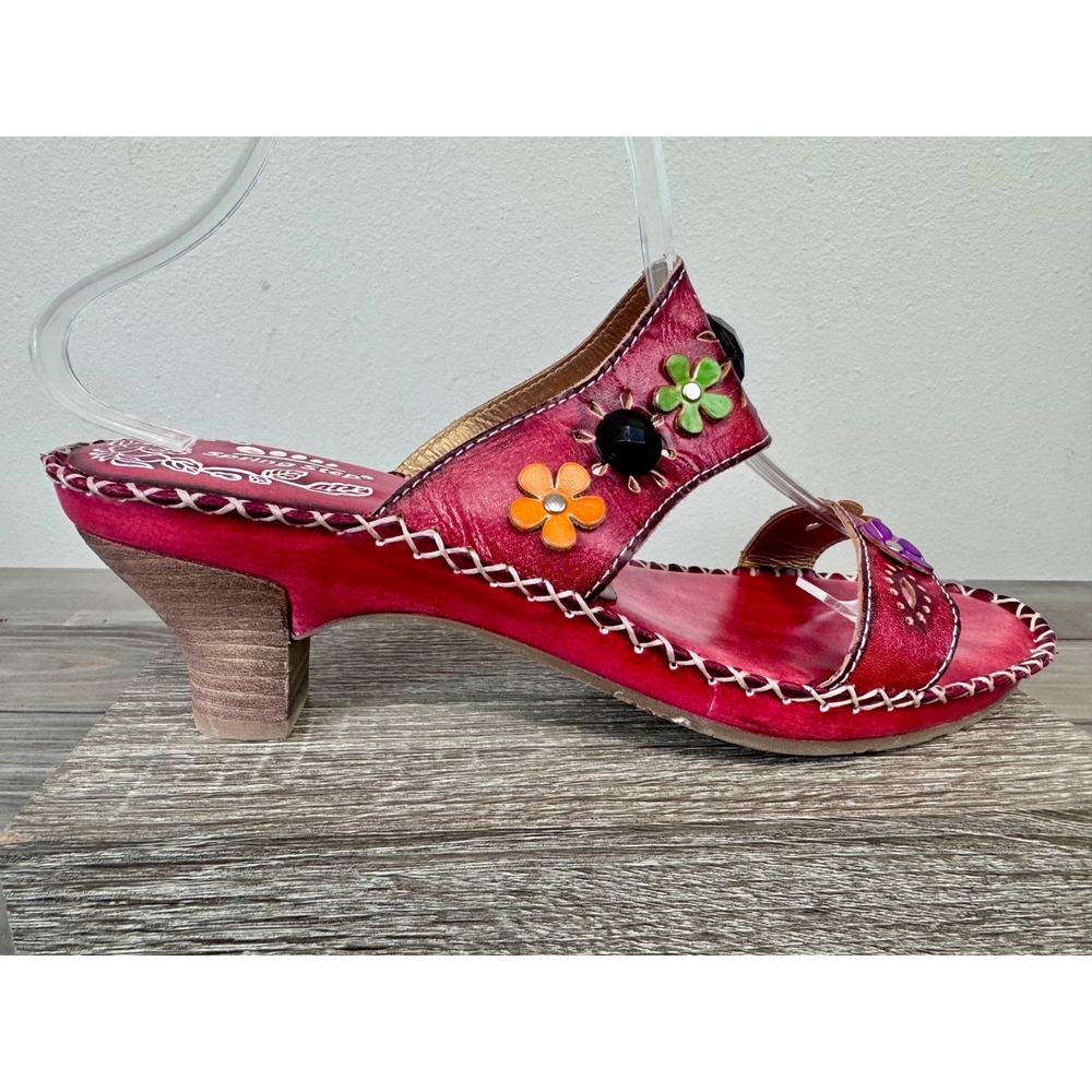 Spring Step L'Artiste Via Red Floral Whipstitch Kitten Heel Slide Sandal 10.5 11 - Picture 12 of 13